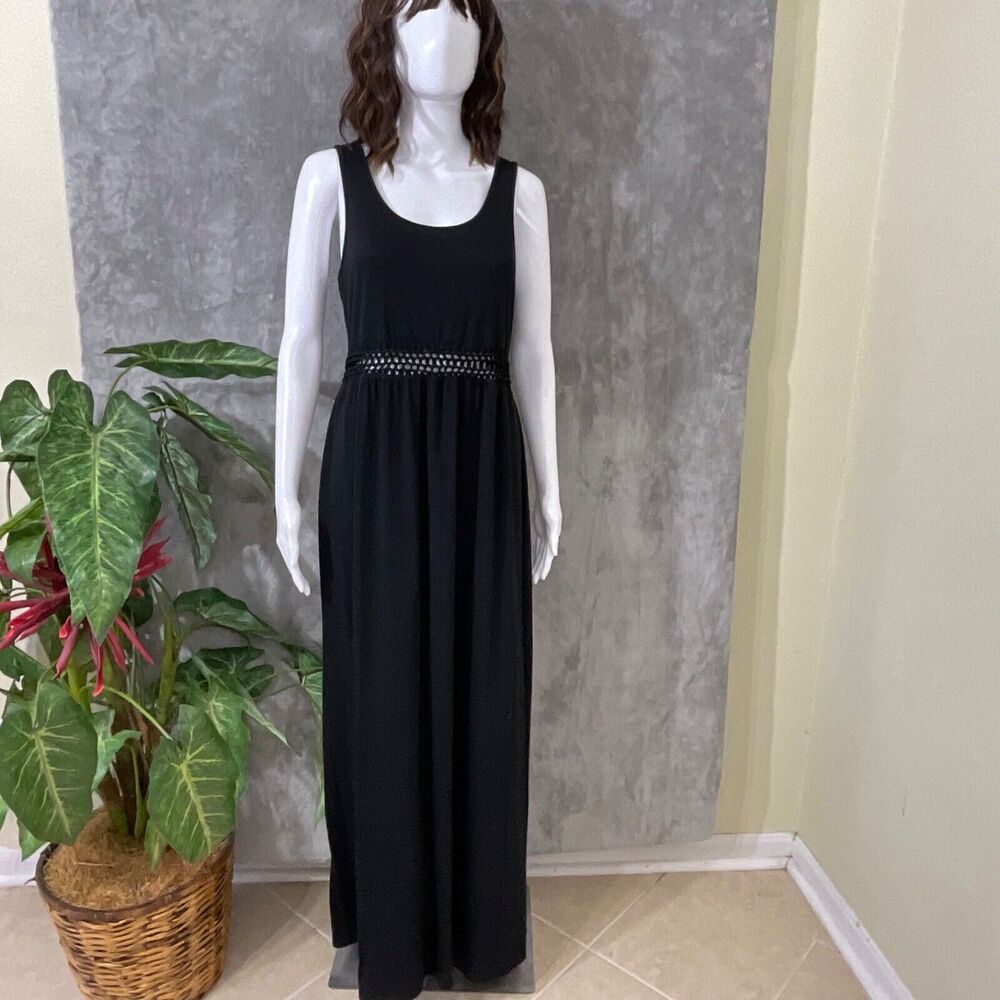 Mudd Sleeveless Maxi jersey knit Dress Women’s M Black Mid crochet Fairy Grunge